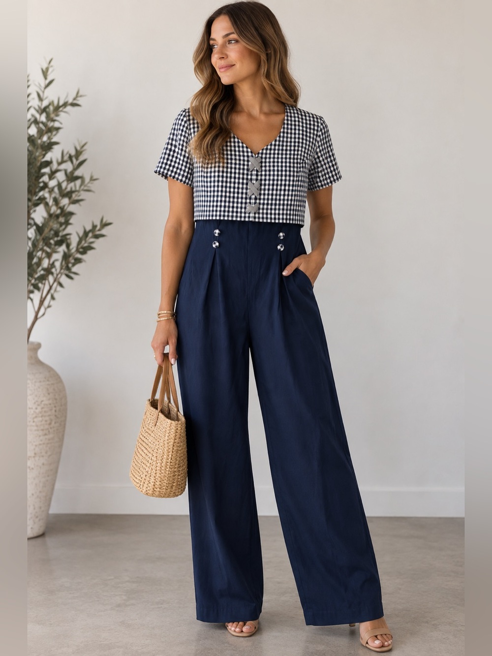 Vintage 90s Gingham Jumpsuit Size 11 / Medium Navy Pants Plaid One Piece 80s
